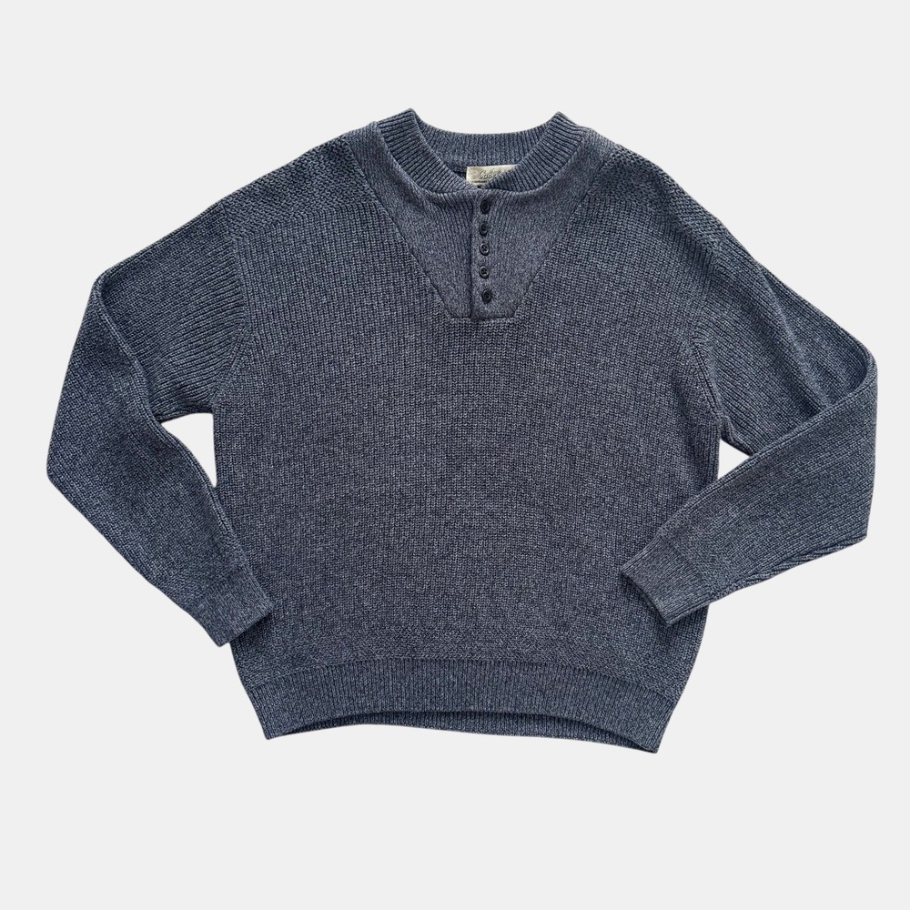 Cabelas Mens 2XL Grey Cotton Chunky Knit Henley Sweater Pullover‎ fisherman